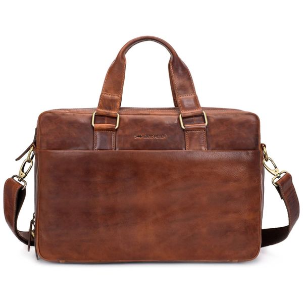 Bolsa Carteiro Masculina de Couro Genuíno para Laptop com 15,6 Polegadas, MARC PETER, Marrom Claro