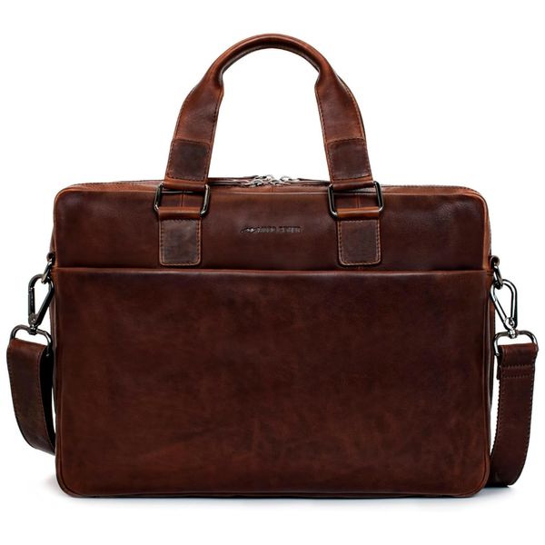 Bolsa Carteiro Masculina de Couro Genuíno para Laptop com 15,6 Polegadas, MARC PETER, Marrom