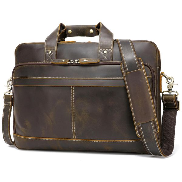 Bolsa Carteiro Masculina de Couro Flor Integral para Laptop com 17 Polegadas, Hespary, Marrom