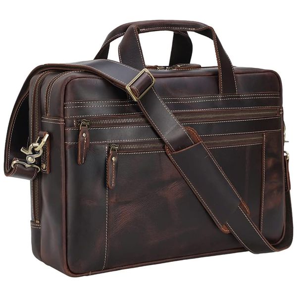 Bolsa Carteiro Masculina de Couro Bovino para Laptop com 17 Polegadas, TIDING, Marrom