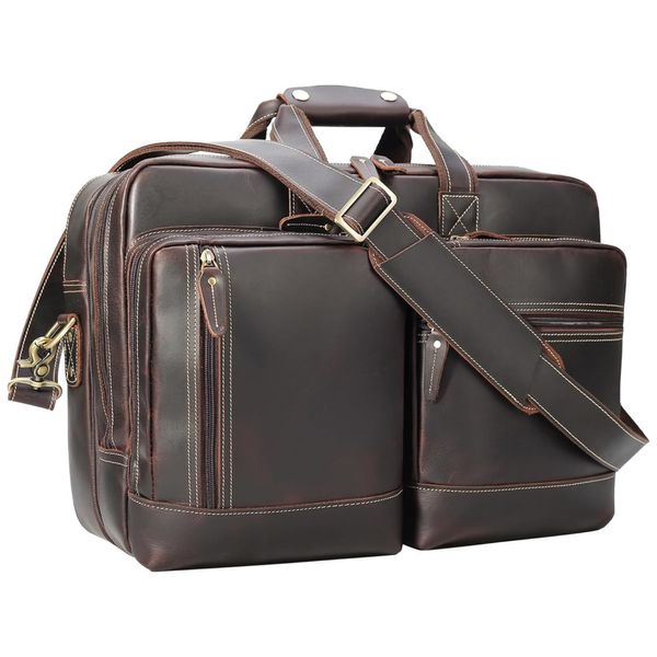 Bolsa Carteiro Masculina Expansível Couro de Cavalo para Laptop com 17 Polegadas, Masa Kawa, Marrom