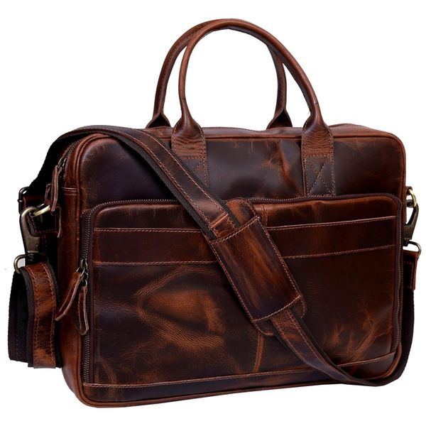 Bolsa Carteiro Masculina Couro de Búfalo para Laptop com 18 Polegadas, VC VINTAGE COUTURE, Marrom