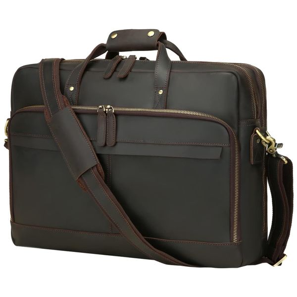 Bolsa Carteiro Masculina Couro de Grão Integral para Laptop com 15,6 Polegadas, UBANT, Marrom Café