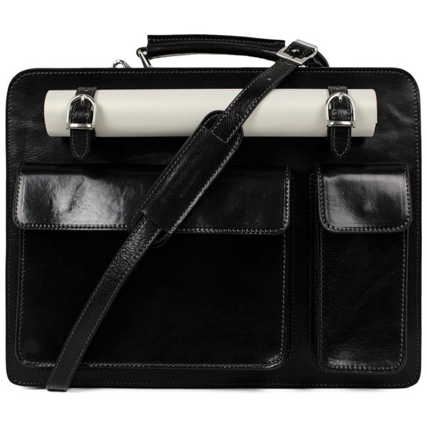 Bolsa Carteiro Masculina de Couro Italiano de Flor Integral para Laptop com 15 Polegadas, Time Resistance, Preta