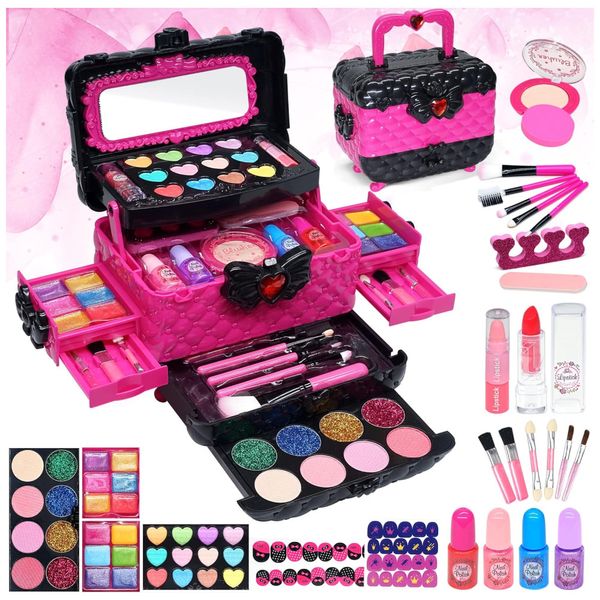 Kit de Maquiagem Infantil com 57 Peças e Cosméticos Não Tóxicos para Crianças de 3 a 12 Anos, HERAPFANN, Rosa