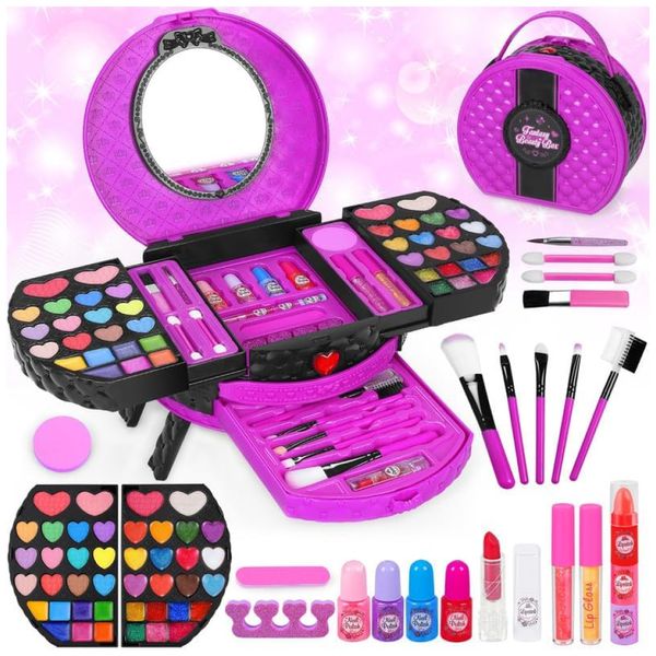 Kit de Maquiagem Infantil com 66 Peças para Crianças de 3 a 10 Anos, MINIFUN, Rosa, Vermelho e Preto