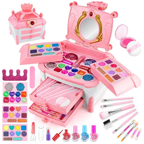 Kit de Maquiagem Infantil com 50 Peças e Caixa Estojo Portátil para Crianças de 3 a 12 Anos, Babbyo Princesa Casstle, Rosa e Vermelha