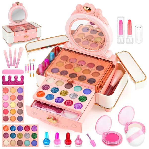 Kit de Maquiagem Infantil com 50 Peças e Caixa Estojo Portátil para Crianças de 3 a 12 Anos, Babbyo Princesa Casstle, Rosa