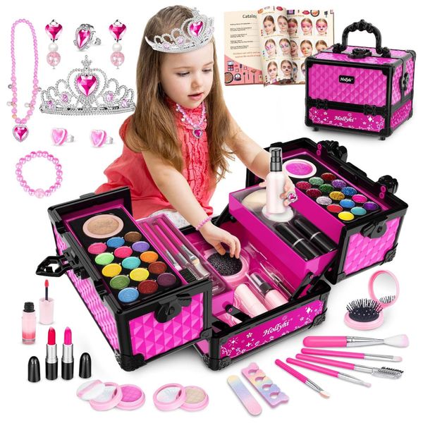 Kit de Maquiagem Infantil com 65 Peças Laváveis e Estojo para Crianças de 3 a 12 Anos, Hollyhi, Rosa