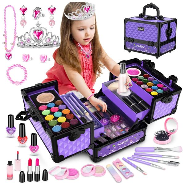 Kit de Maquiagem Infantil com 62 Peças Laváveis e Estojo para Crianças de 3 a 12 Anos, Hollyhi, Roxo