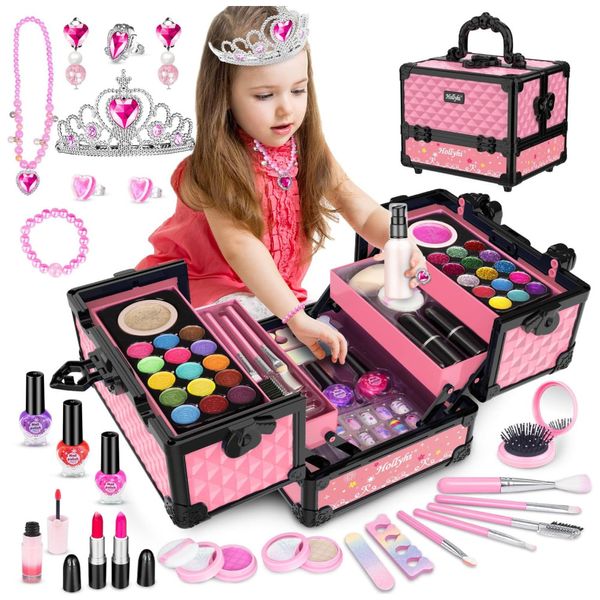 Kit de Maquiagem Infantil com 62 Peças Laváveis e Estojo para Crianças de 3 a 12 Anos, Hollyhi, Rosa Claro