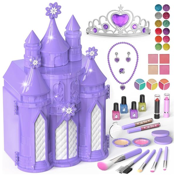 Kit de Maquiagem Infantil com 52 Peças, Não Tóxico e Lavável para Crianças de 3 a 10 Anos, PerryHome Castelo Congelado, Roxo