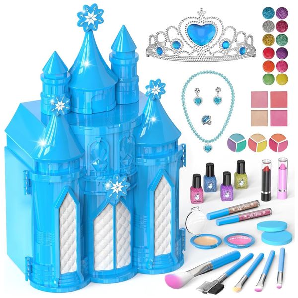 Kit de Maquiagem Infantil com 52 Peças, Não Tóxico e Lavável para Crianças de 3 a 10 Anos, PerryHome Castelo Congelado, Azul