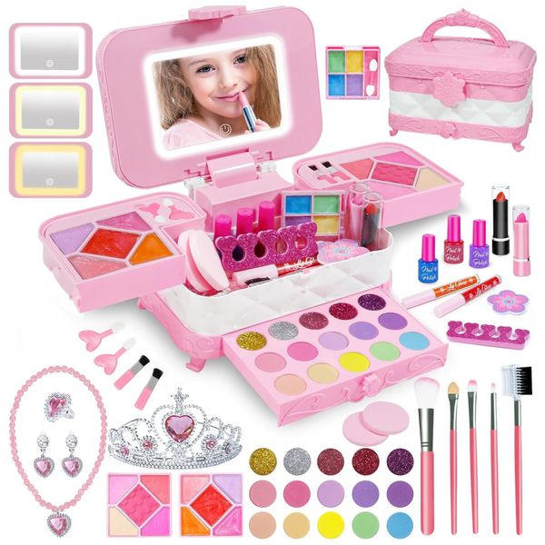Kit de Maquiagem Infantil com 60 Peças e Espelho Iluminado por LED em 3 Cores para Crianças de 3 a 12 Anos, DAUXONE, Rosa