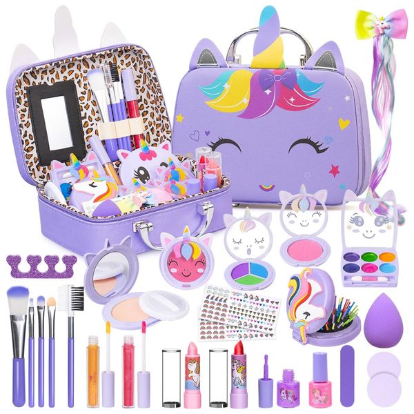 Kit de Maquiagem Infantil Lavável com 25 Peças e Estojo para Crianças de 3 a 12 Anos, Mqsiuve, Roxo