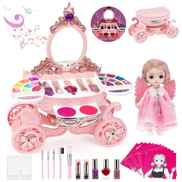 Kit de Maquiagem Infantil Lavável com 33 Peças para Crianças de 3 a 10 Anos, Moubenncy Princesa, Rosa