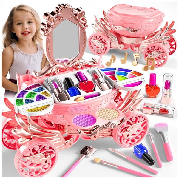 Kit de Maquiagem Infantil Lavável com Mais de 5 Peças e Estojo em Forma de Carruagem para Crianças de 3 a 8 Anos, TEMI, Rosa