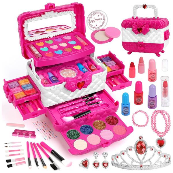 Kit de Maquiagem Infantil Lavável com 60 Peças para Crianças de 3 a 12 Anos, Teensymic Princesa, Rosa