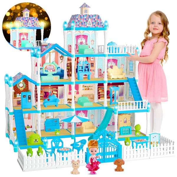 Casa de Bonecas com 11 Quartos, Figuras de Boneca, Cachorrinhos, Móveis, Acessórios e Luz LED para Crianças de 3 a 10 Anos, OCTERIC, Azul