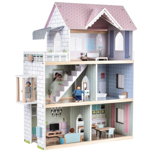 Casa de Bonecas de Madeira com Elevador, 15 Peças de Móveis, Campainha e Luz para Crianças de 3 a 12 Anos, Golitoys, Rosa e Roxo