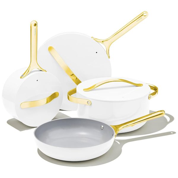 Conjunto de Panelas Antiaderentes de Cerâmica 12 peças Sem PFOA Forno e Fogão, Caraway, Branco e Dourado