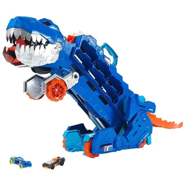 Transportador T Rex para até 20 Carros com Pista de Corrida, Luzes e Sons, Escala 1:64, Hot Wheels