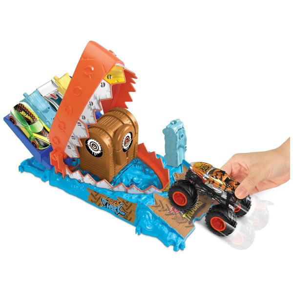 Caminhão Mosntro Tigre Tubarão Escala 1:64 e Pista Desafio Tesouro, Hot Wheels