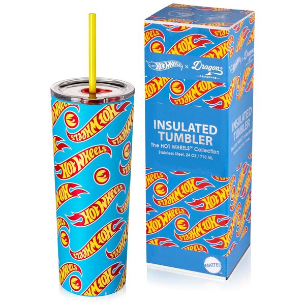 Copo 700 mL Hot Wheels de Aço Inoxidável Isolado a Vácuo com Tampa e 2 Canudos, Azul