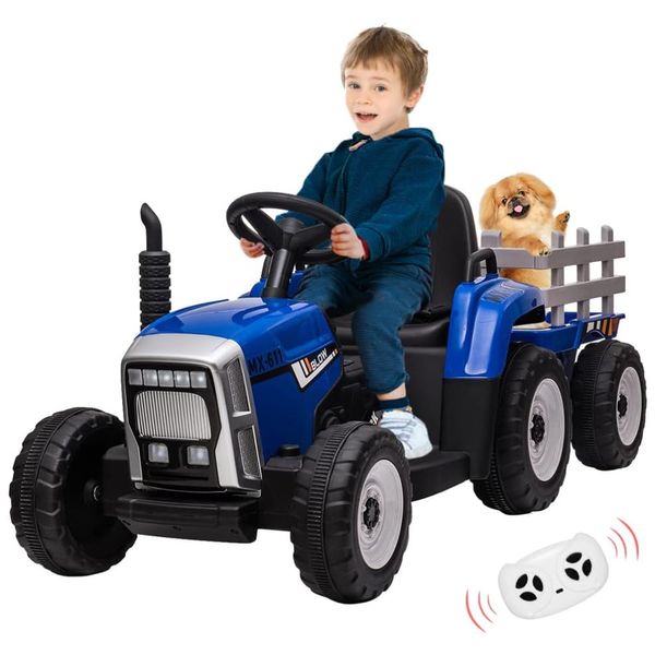 Trator Elétrico Infantil 12V com Trailer e Controle Remoto, Faróis de LED e Mudança de Marcha, Palby's