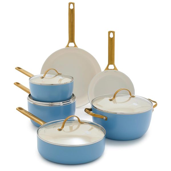 Conjunto de Panelas e Frigideiras de Cerâmicas Anodizadas Antiaderentes 10 Peças com Alça, GreenPan, Azul Celeste