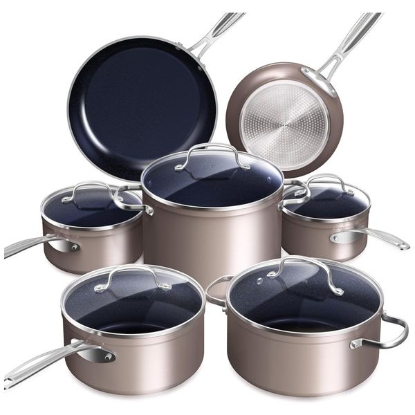Conjunto de Panelas Antiaderente em Cerâmica 12 Peças com Infusão de Diamante, sem PTFE e PFOA, Seguro para Forno, Tampas de Vidro Temperado e Alça