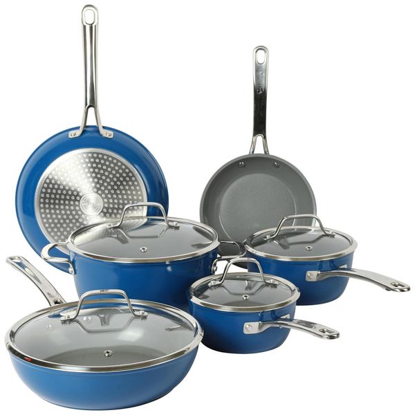 Conjunto de Panelas Antiaderente de Cerâmica Livre de PFA e Titânio Não Tóxico, 10 Peças, Sur La Table, Azul