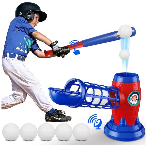 Lançador de Bolas Automático Infantil com Taco de Beisebol de Plástico para Crianças de 5 a 12 Anos, LZZAPJ, Azul e Vermelho