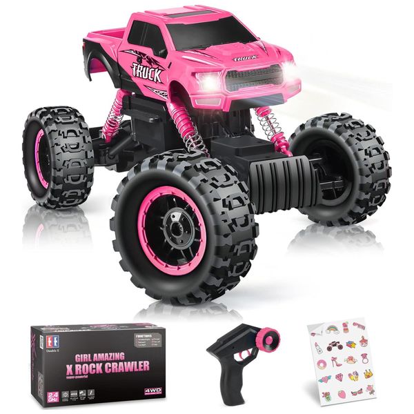 Carrinho de Controle Remoto Off Road, Escala 1:12 com Duplo Motor e Luzes para Crianças de 5 a 12 Anos, DOUBLE E Monster Truck, Rosa