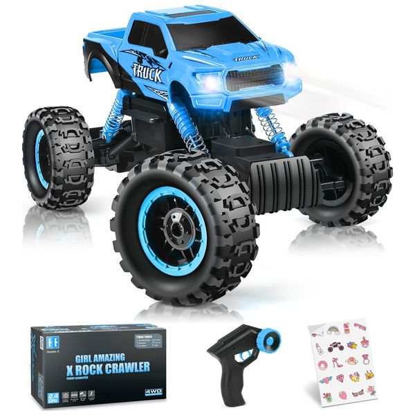 Carrinho de Controle Remoto Off Road, Escala 1:12 com Duplo Motor e Luzes para Crianças de 5 a 12 Anos, DOUBLE E Monster Truck, Azul