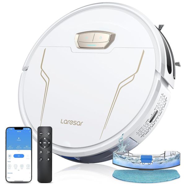 Aspirador Robô e Esfregão com Sucção Forte de 4000Pa, Carregamento Automático, Controle por App, Voz e Controle Remoto, 110V, Laresar, Branco