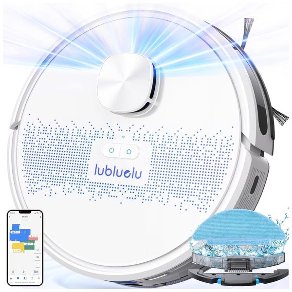 Aspirador Robô e Esfregão 2 em 1 com Navegação LiDAR, 5 Mapas Inteligentes, Compatível com  App e Alexa, 110V, Lubluelu, Branco