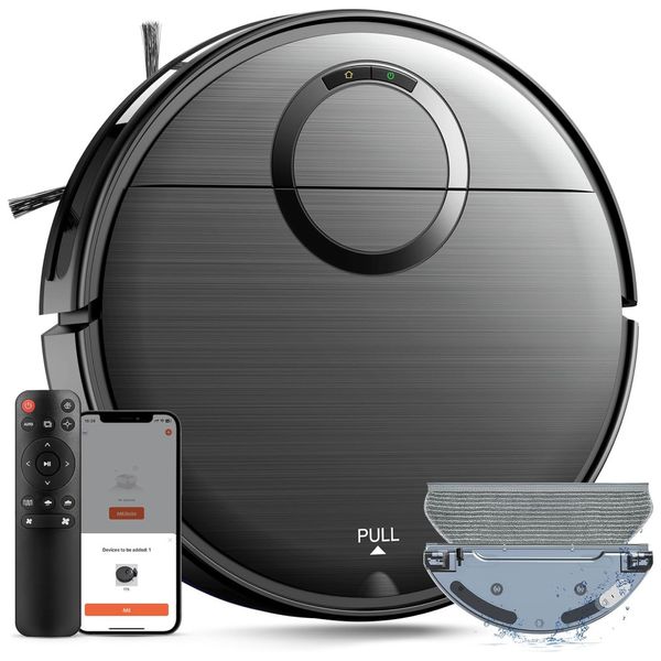 Robô Aspirador e Esfregão 2 em 1 com Controle por Wi-Fi, App, Alexa e Sucção Máxima de 2000Pa, 110V, MAMNV, Preto