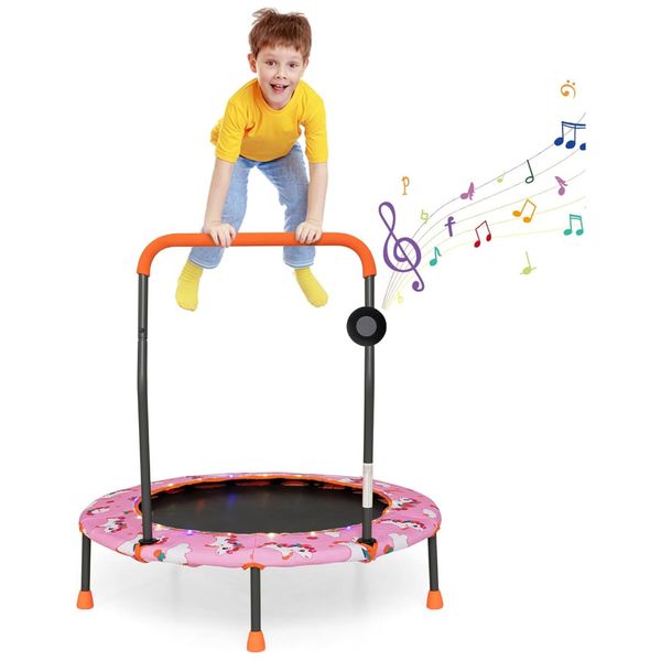 Trampolim infantil Goplus 36 com luzes LED, Bluetooth e alça removível Capa inclusa.