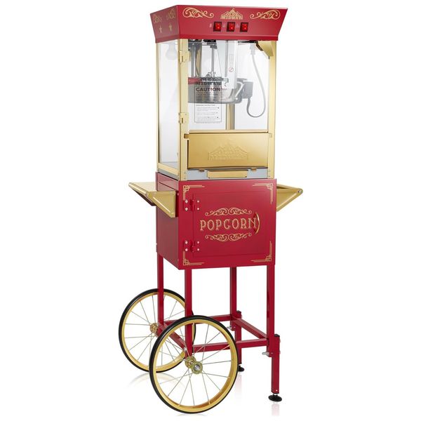 Máquina de Pipoca Popper sobre Rodas Estilo Vintage, com Carrinho e Chaleira de 0,35g Vermelha. Ideal para Cinema em Casa e Eventos.