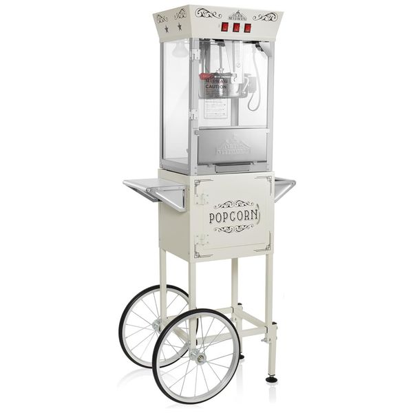 Máquina de Pipoca Estilo Cinema com Carrinho e Chaleira 0,28g Creme. Popper sobre rodas estilo vintage, ideal para festas e eventos.