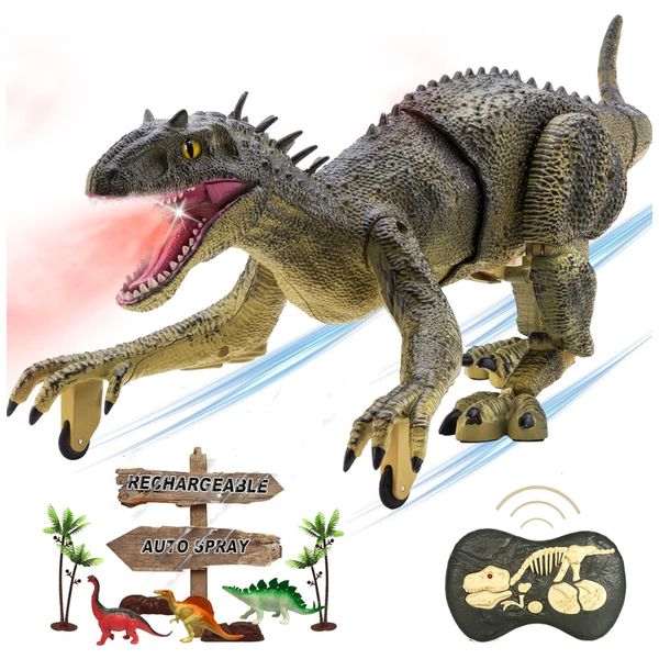 Dinossauro T-Rex Anda e Ruge com Controle Remoto, Luzes LED e Recarregável para Crianças de 3 a 7 Anos, MAMABOO, Verde