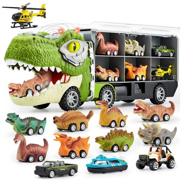 Caminhão Transportador de Dinossauros Retráteis 13 em 1 e Helicóptero com Música, Som Estrondoso e Luzes para Crianças Acima de 3 Anos, Joyin