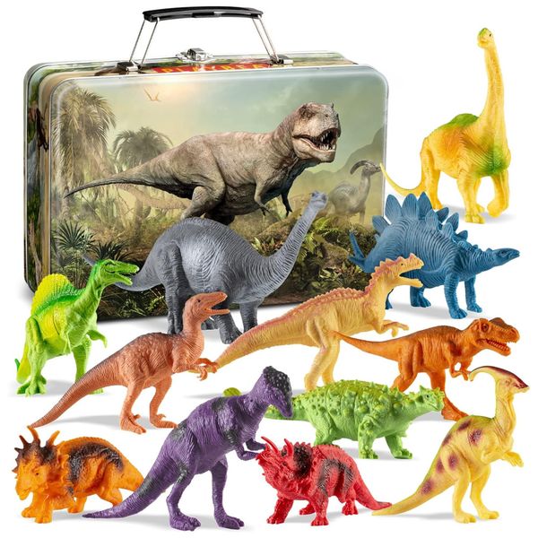 Kit 12 Dinossauros Realistas de 17 cm com Caixa de Armazenamento para Crianças Acima de 3 Anos, PLAYBEA