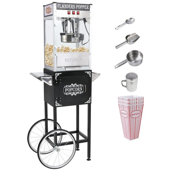 Pipoqueira Elétrica Estilo Cinema com Rodas e Chaleira de 236g Rende até 7L de Pipoca Inclui Colher de Pipoca e Colher de Óleo, 850W, ROVSUN, Preta