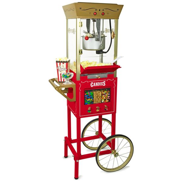 Pipoqueira Elétrica Profissional Vintage com Capacidade para 7L, Distribuidor de Doces Três Compartimentos, Inclui Colheres Medidoras e Colher,