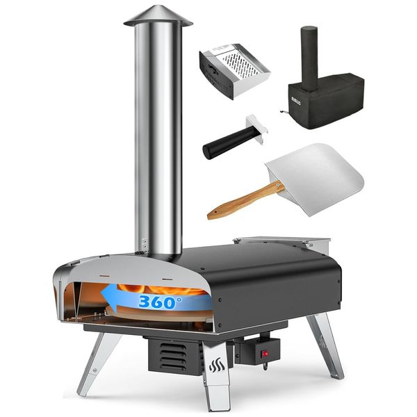 Forno a Lenha Externo Portátil com Rotação Automática e Pedra para Pizza, Mimiuo, Preto