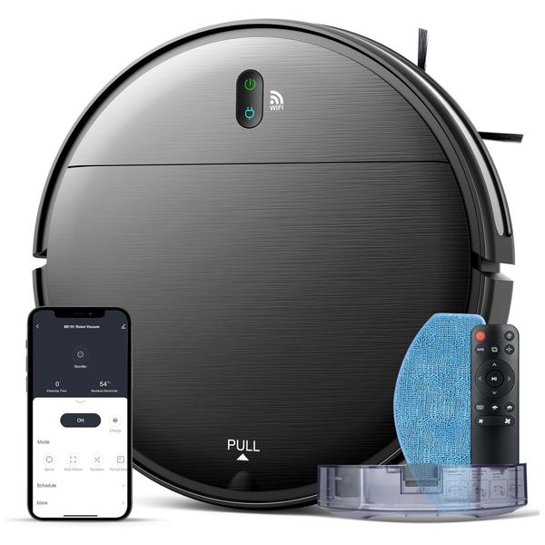 Aspirador Robô e Esfregão 2 em 1 com Controle por Wi-Fi, App, Alexa, Carregamento Automático e Sucção Máxima de 1400Pa, 110V, MAMNV, Preto