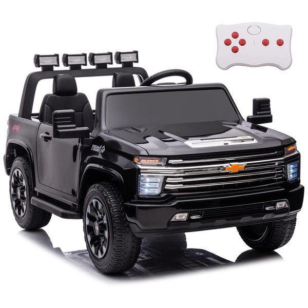 Carro Elétrico Infantil a Bateria 4X4, 2 Lugares com Controle Remoto, Pneus EVA, Música e Luz LED, 24V, NEWQIDA Chevrolet Silverado HD, Preta