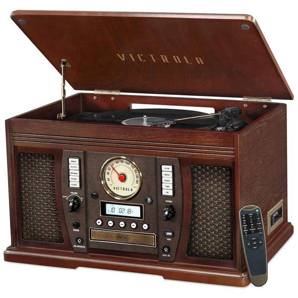 Toca Discos de 3 Velocidades  8 em 1 com Bluetooth e Alto Falantes Estéreo Integrados, Victrola Aviator, Marrom